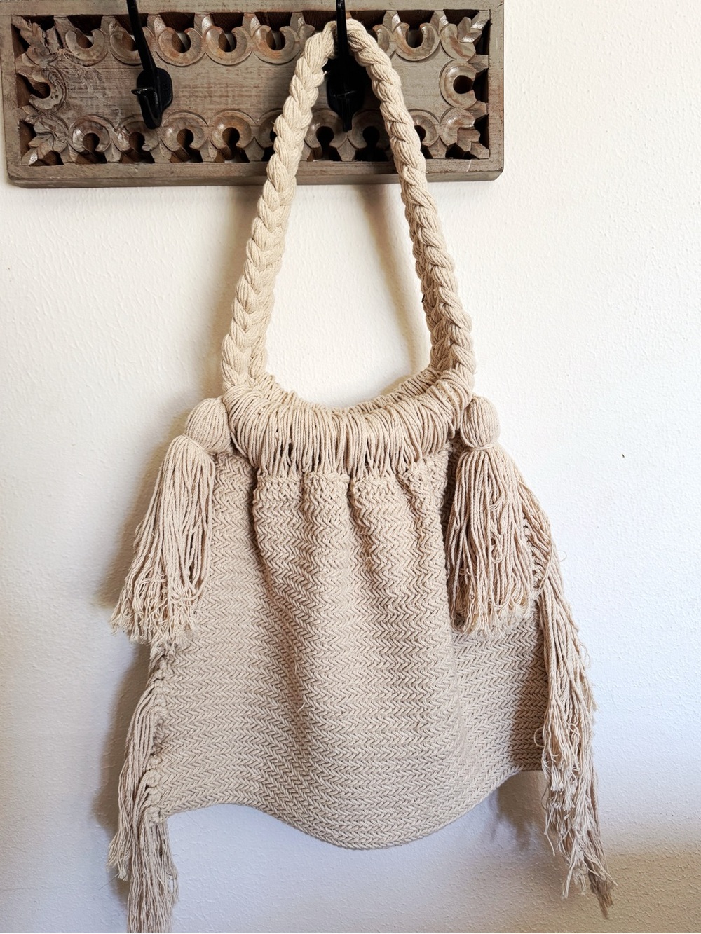 Boho Macrame Cotton Shoulder Bag w/ Fringe Tassels – Artisan